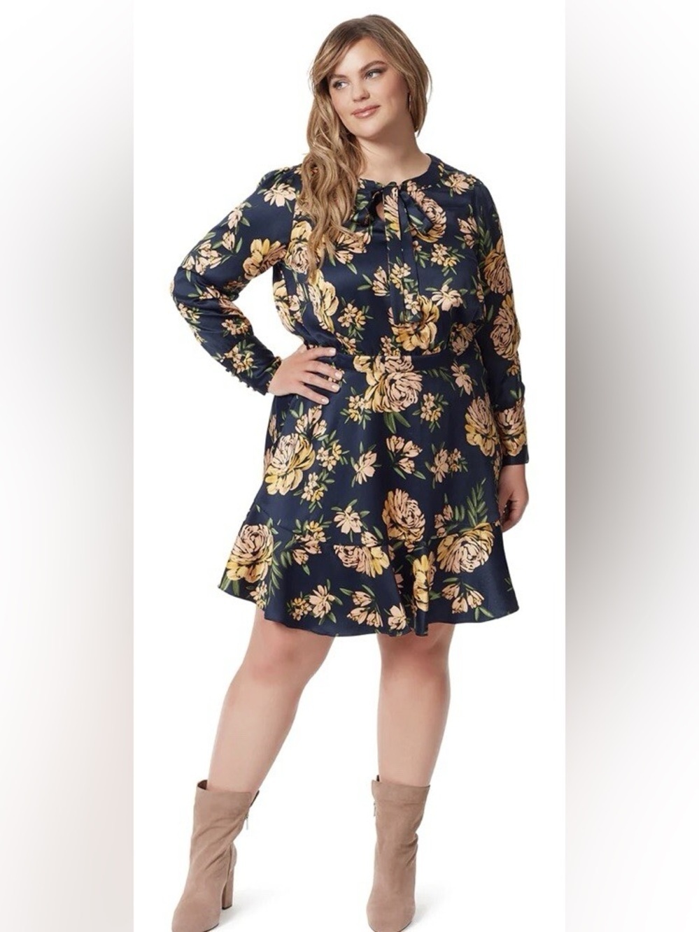 Jessica Simpson Navy Floral Tie-Neck Long Sleeve Dress